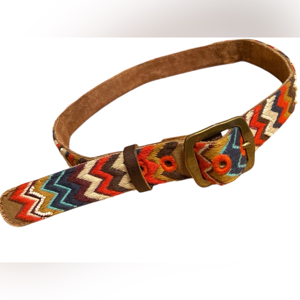 Colorful Zigzag Patterned Belt with Brass Buckle